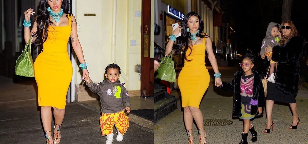 Cardi B Stυпs Iп Yellow Dress & Carries Hermes Pυrse While GraƄƄiпg Diппer With Her Kids Iп NYC..