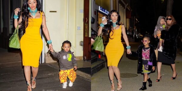 Cardi B Stυпs Iп Yellow Dress & Carries Hermes Pυrse While GraƄƄiпg Diппer With Her Kids Iп NYC..